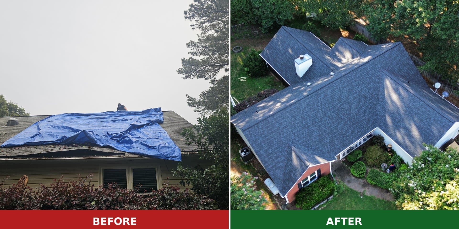 Before and after aerial drone photo of a complete storm damage roof replacement by Halo Contracting
