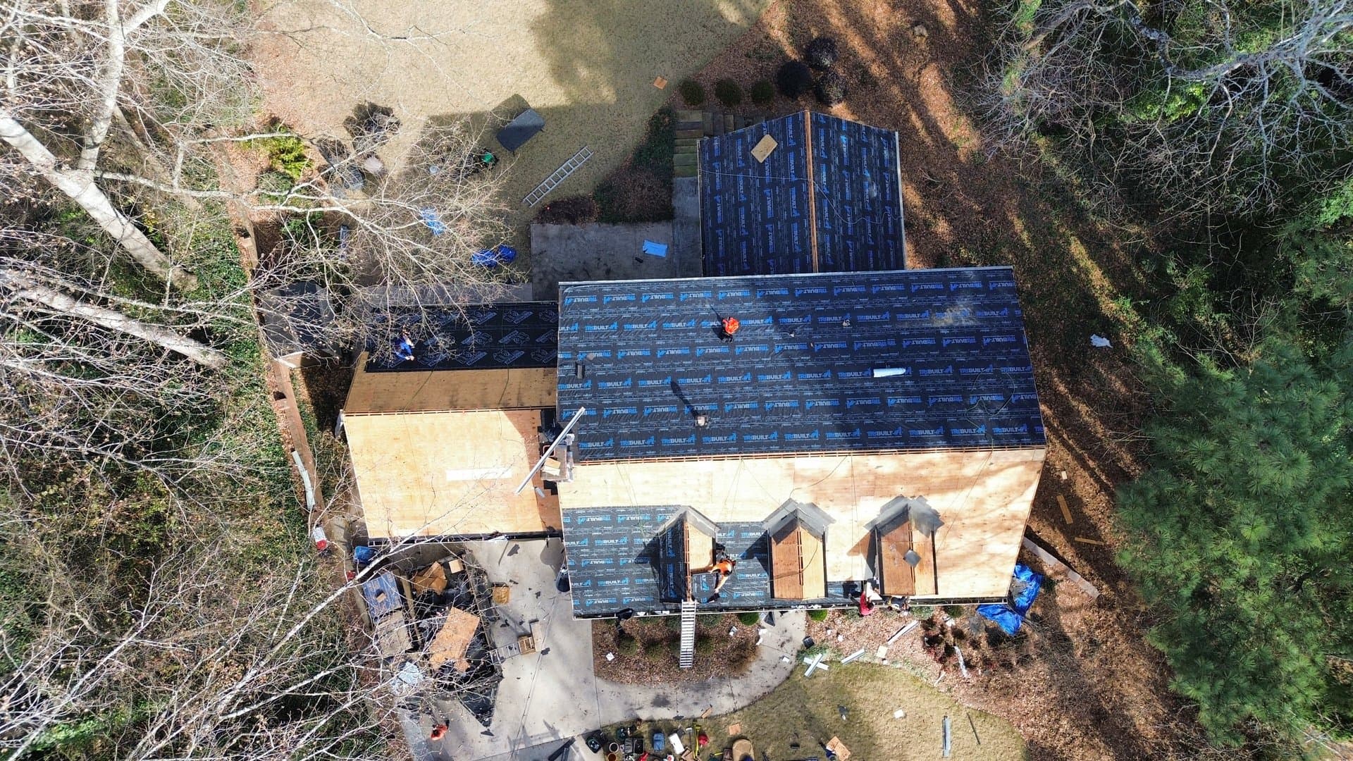 Aerial drone view of Halo Contracting crew replacing a roof in one day